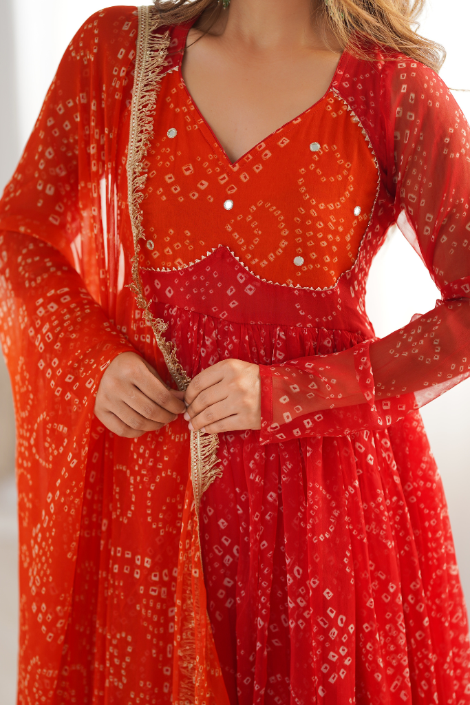Saffron Bandhni Anarkali Set