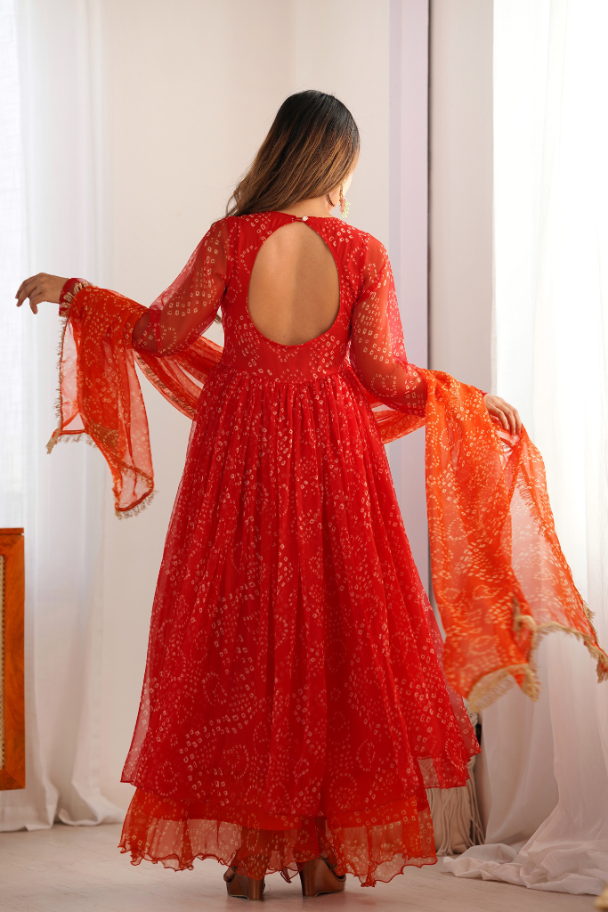 Saffron Bandhni Anarkali Set