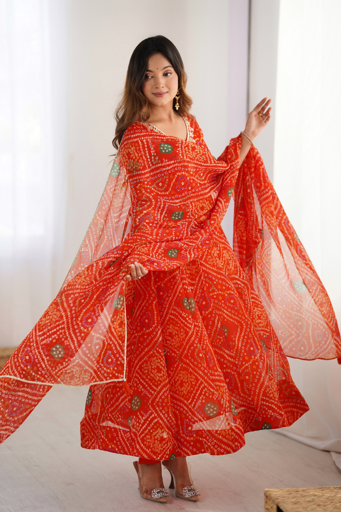 Sindoori Bandhani Anarkali Set