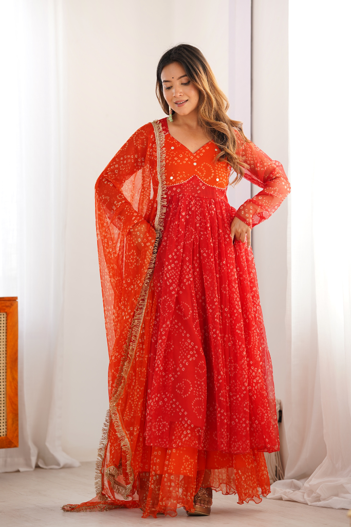 Saffron Bandhni Anarkali Set