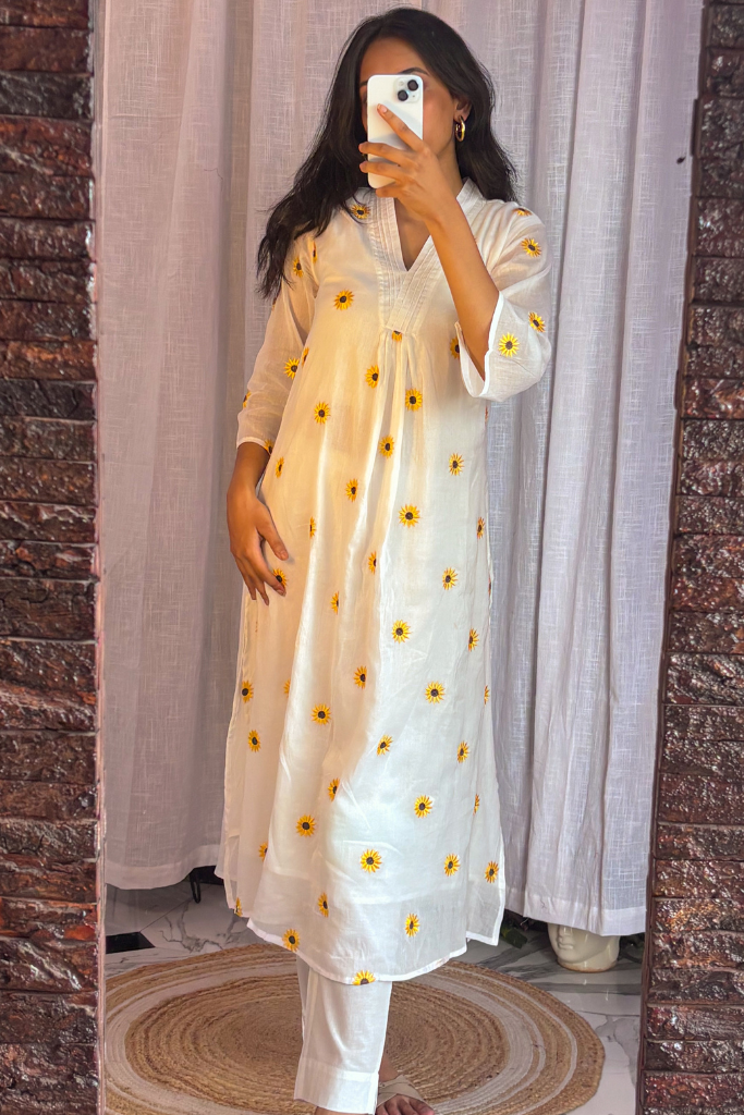 White Sunflower Kurta Set