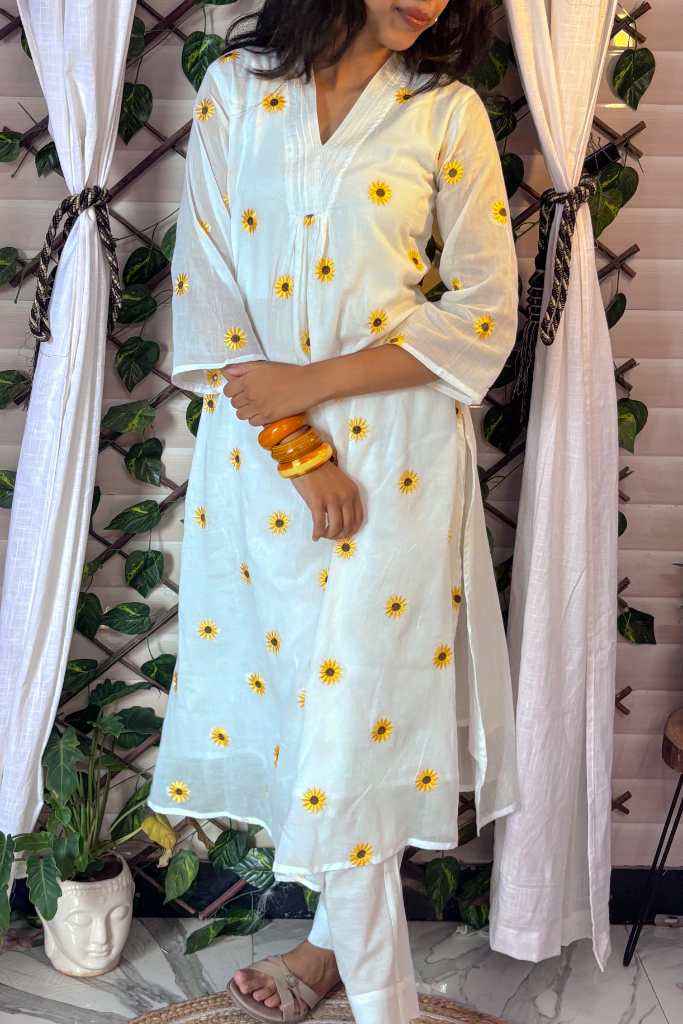 White Sunflower Kurta Set