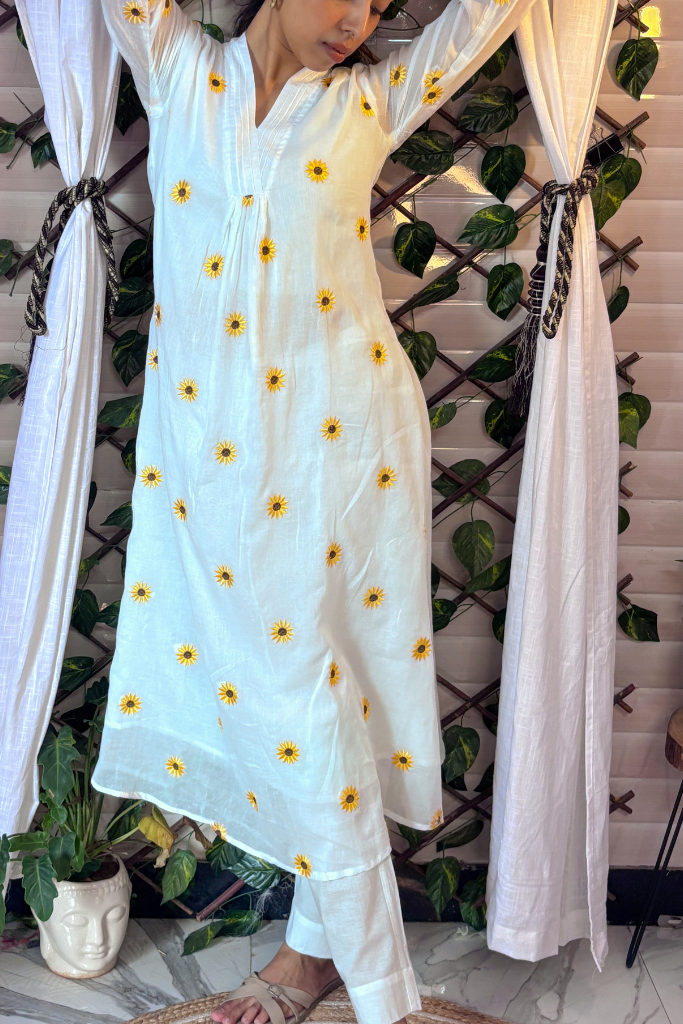 White Sunflower Kurta Set