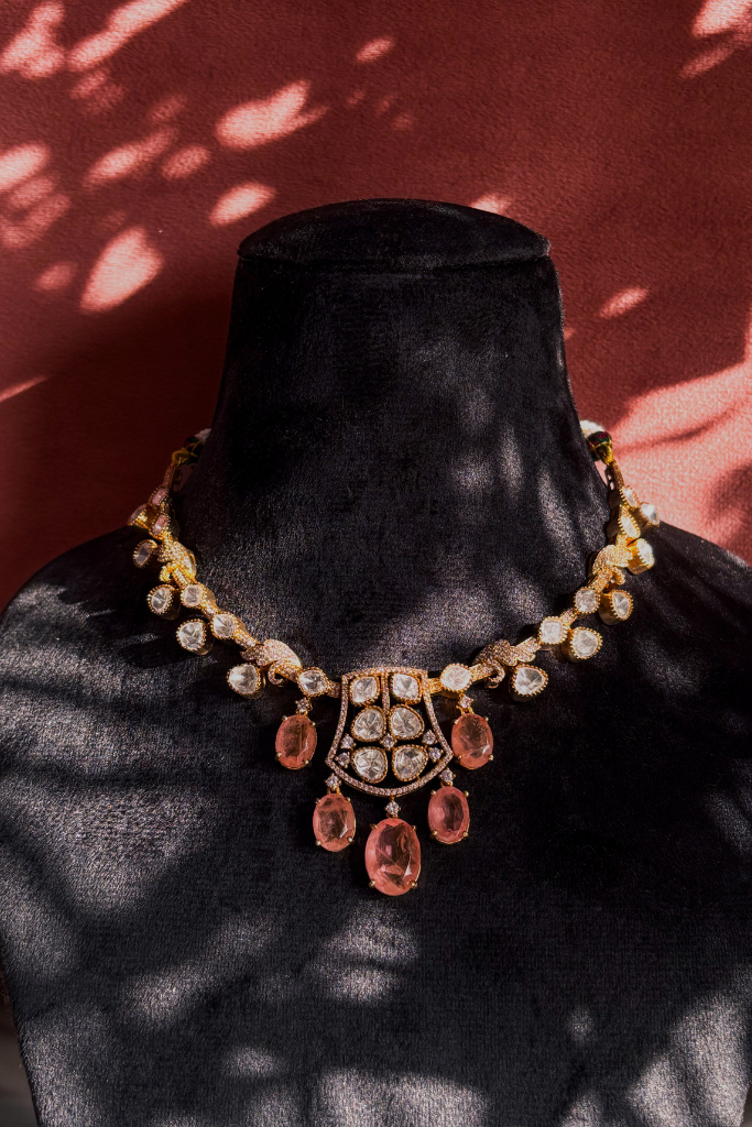 Peach Kundan Panna Necklace Set
