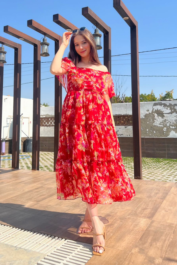 Red floral chiffon dress discount