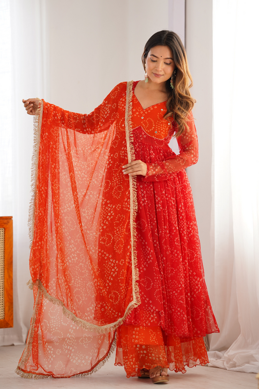 Saffron Bandhni Anarkali Set