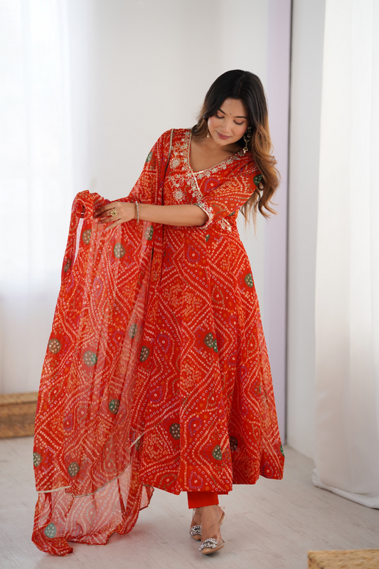 Sindoori Bandhani Anarkali Set