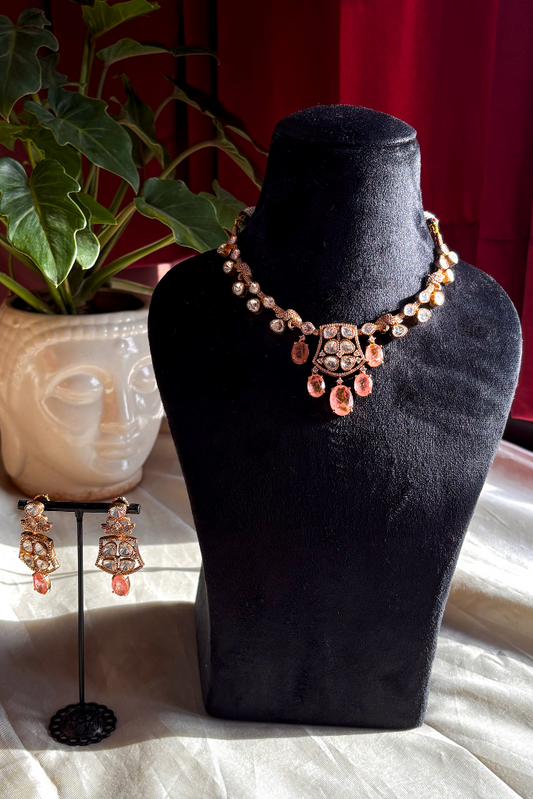 Peach Kundan Panna Necklace Set
