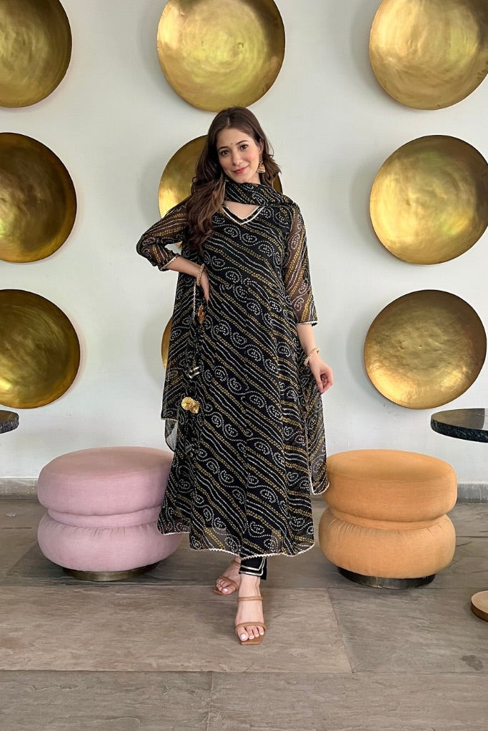 Black Bandhani Anarkali Set