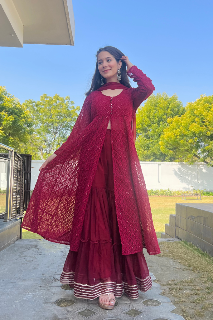 Shabnami Chikankari Anarkali Sharara Set