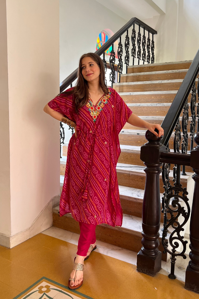 Pink Bandhani Kaftan Set