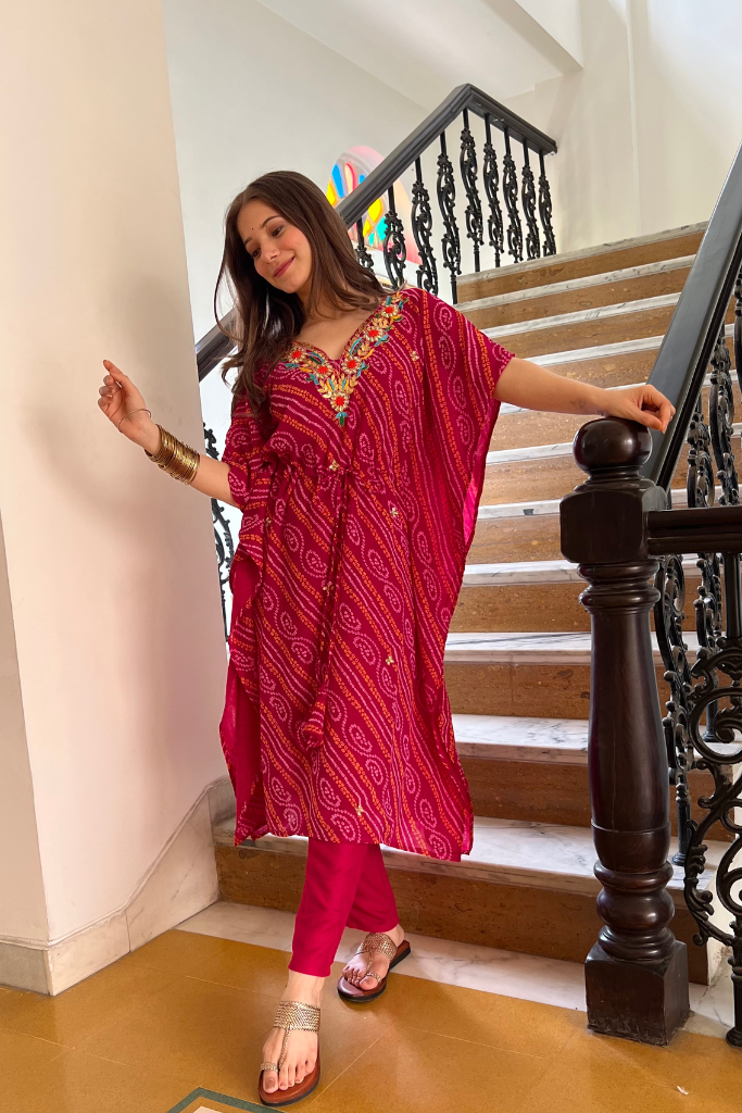 Pink Bandhani Kaftan Set