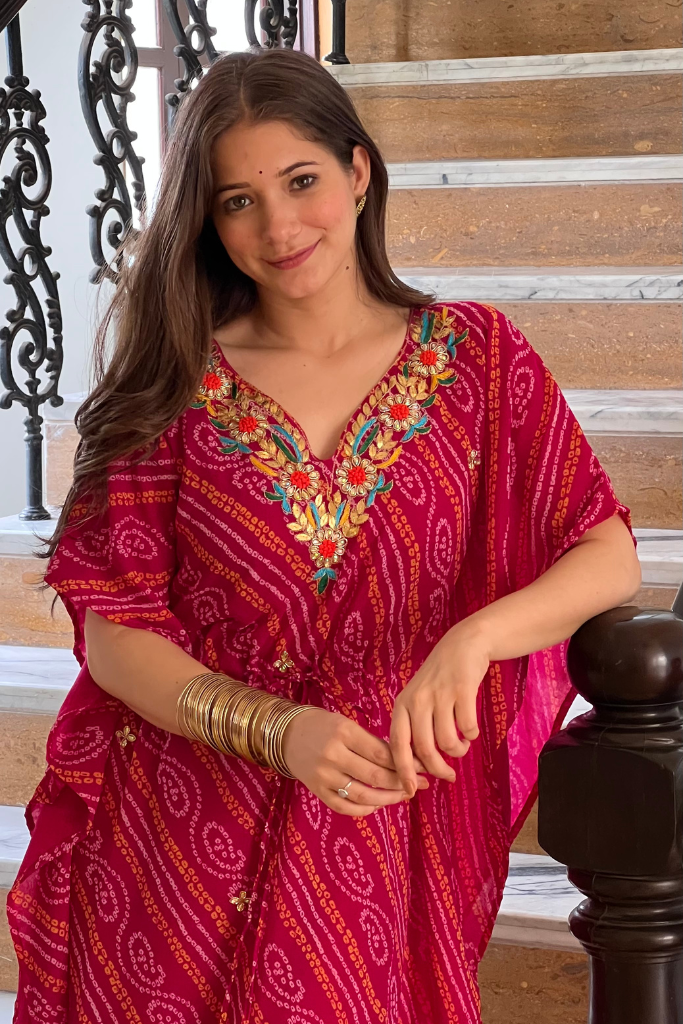 Pink Bandhani Kaftan Set