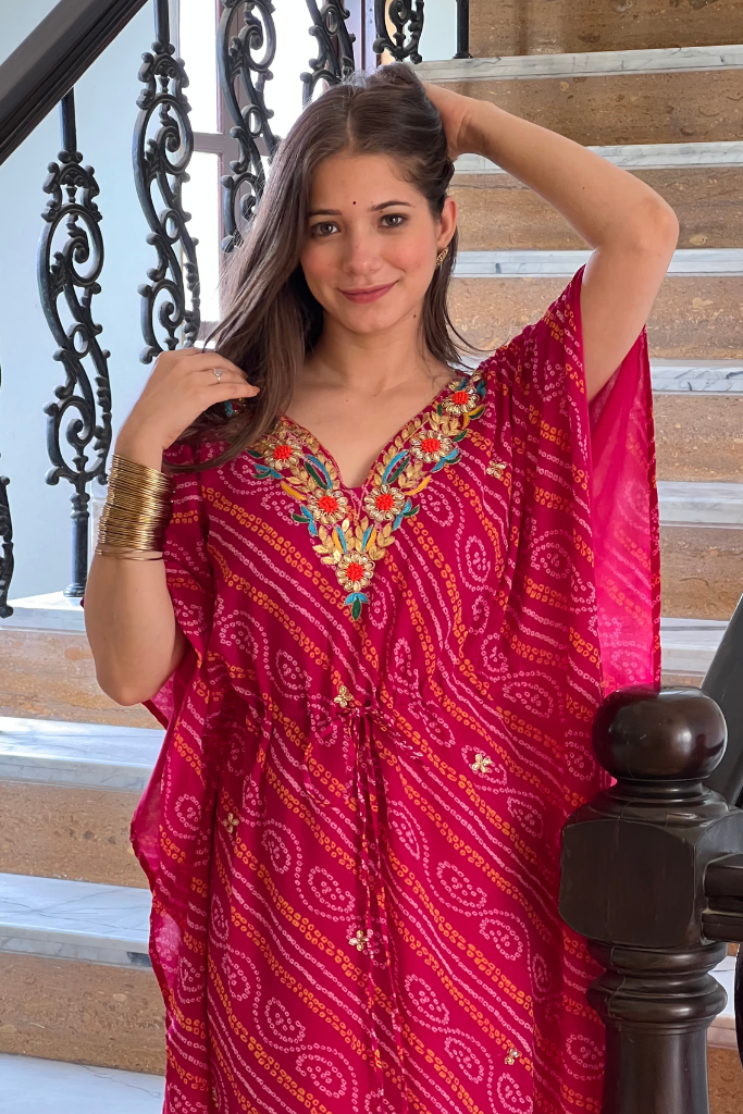 Pink Bandhani Kaftan Set