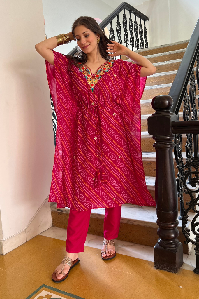 Pink Bandhani Kaftan Set