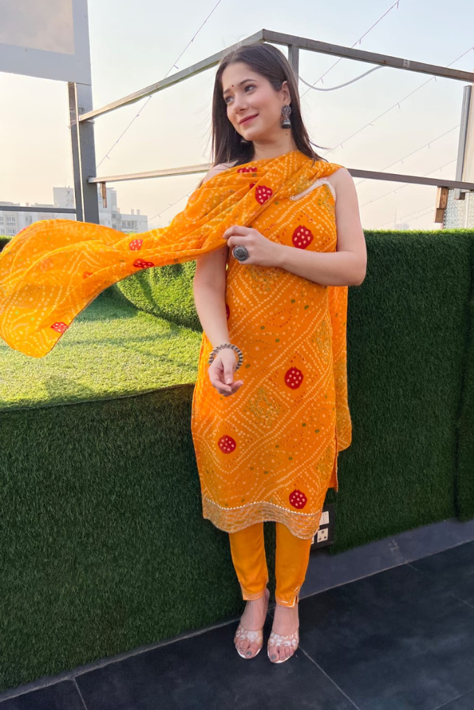 Yellow Bandhani With Sleeves Set