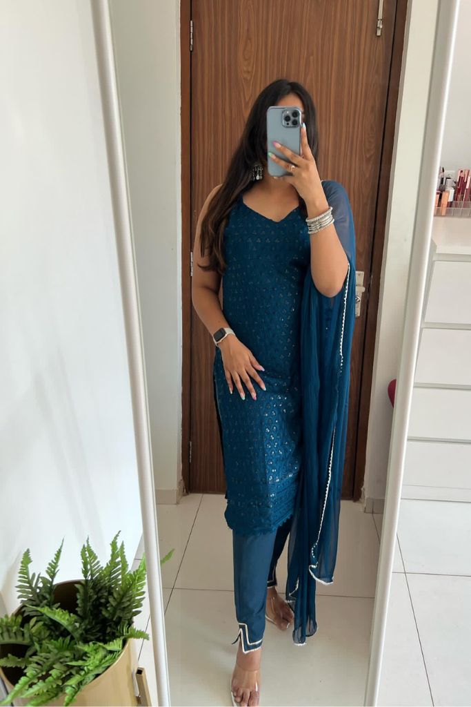 Teal blue Chikankari Pant Set