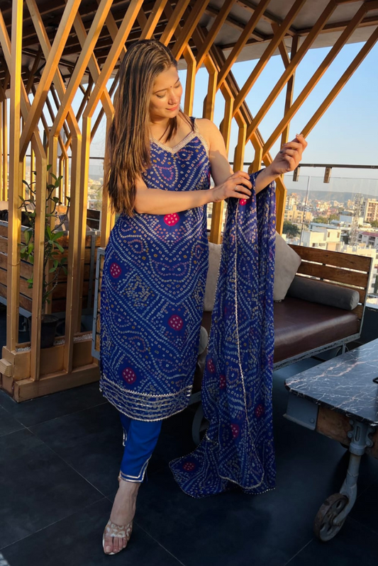 Blue Bandhani With Sleeves Set