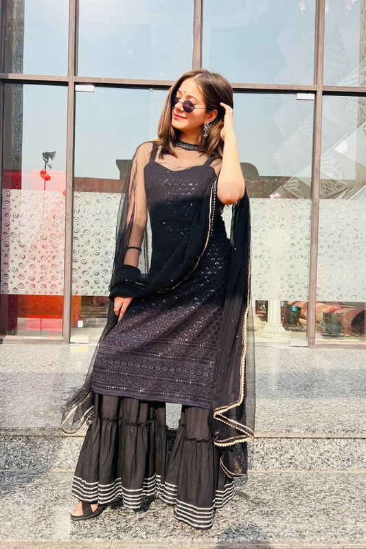 Black Chikankari Sharara Set