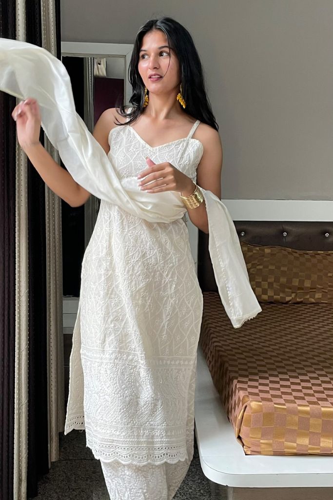 Aafreen Ivory White Chikankari Afgan Set