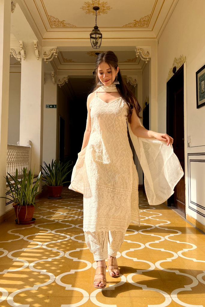 Aafreen Ivory White Chikankari Afgan Set