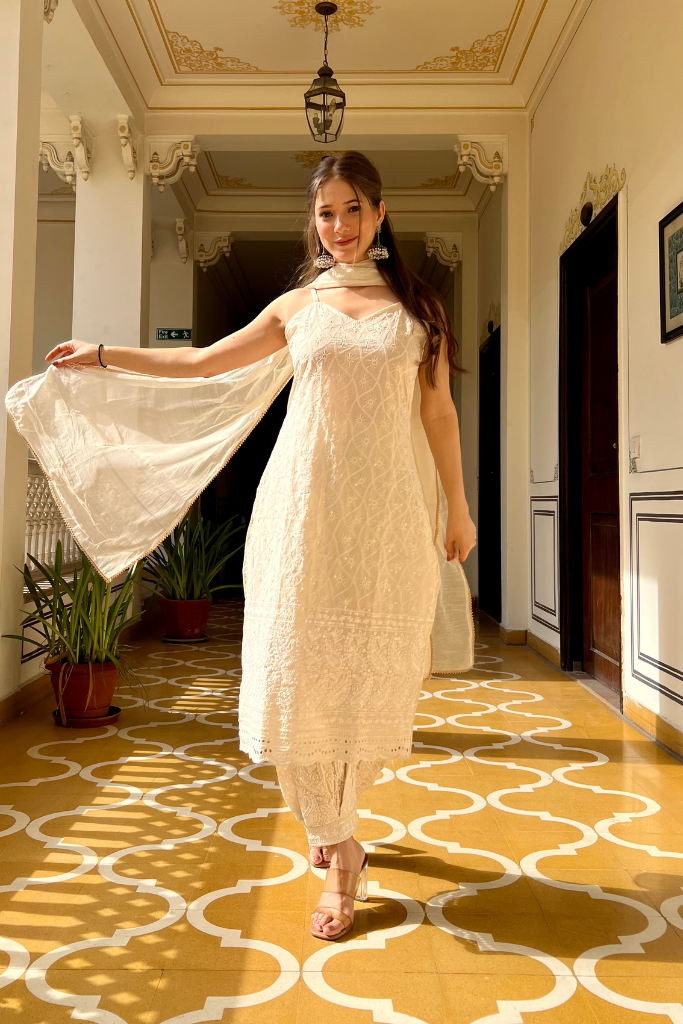 Aafreen Ivory White Chikankari Afgan Set