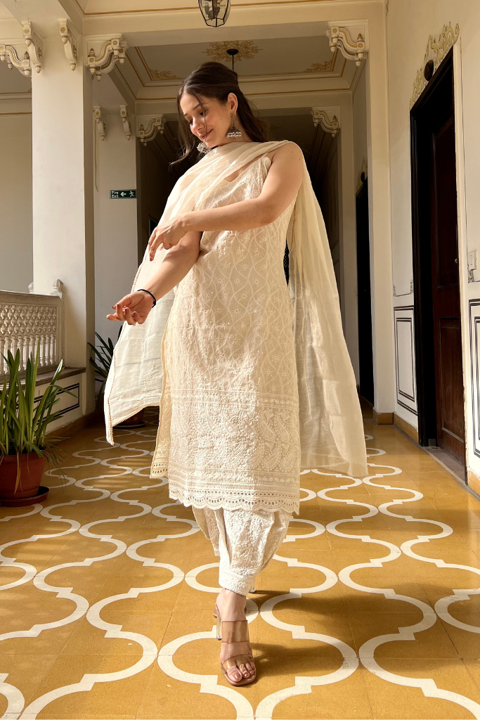 Aafreen Ivory White Chikankari Afgan Set