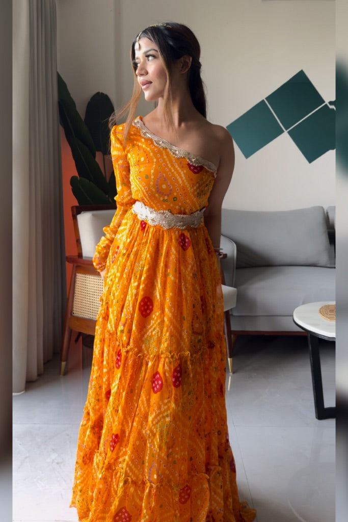 Kesariya Bandhni Gown