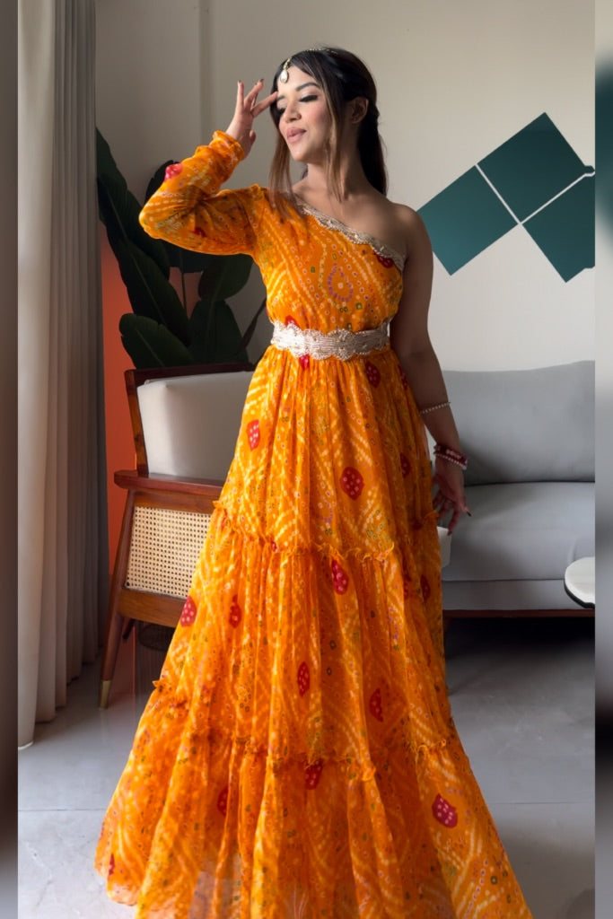 Kesariya Bandhni Gown