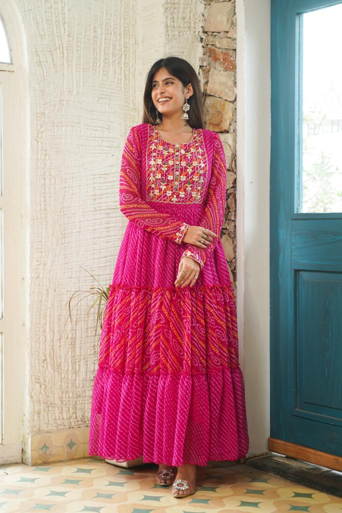 Anjan Handwork Bandhani Gown